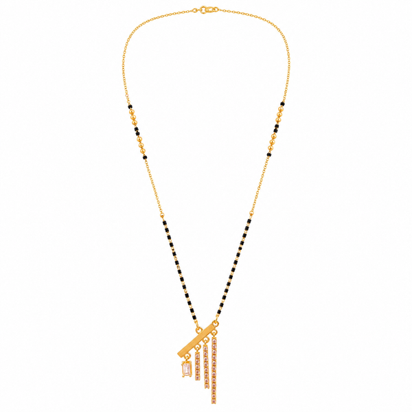 KZ Gold Plated Diagonal Bar Tassel CZ Mangalsutra for Women Black Bead Chain Fringe Drop Pendant FS