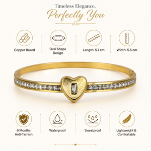 Gold Raised Heart Charm Baguette Diamond Kada for Women | Heart Pendant Row Stone Stainless Steel Ladies Bangle | Romantic Festive Jewellery