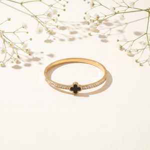 Black Four Leaf Clover Pave CZ Baby Kada Bangle | Gold Plated Lucky Charm Cuff Bracelet for Women