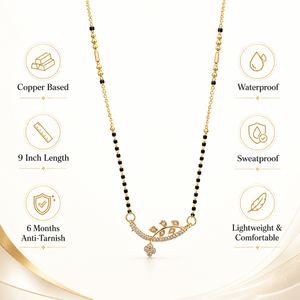 KZ Gold Plated Branch Leaf CZ Mangalsutra for Women Black Bead Chain Twig Floral Drop Pendant FS