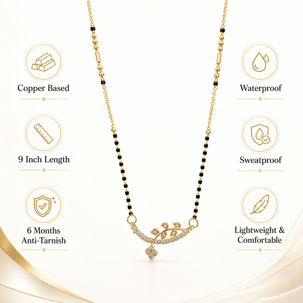 KZ Gold Plated Branch Leaf CZ Mangalsutra for Women Black Bead Chain Twig Floral Drop Pendant FS