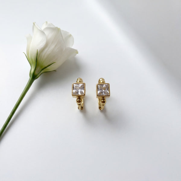 Gold Plated Square CZ Bezel Huggie Hoop Earrings