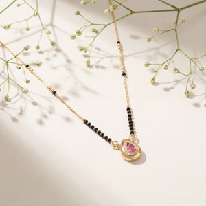 KZ Gold Plated Horseshoe Ruby CZ Mangalsutra for Women Black Bead Chain Stone Frame Pendant FS