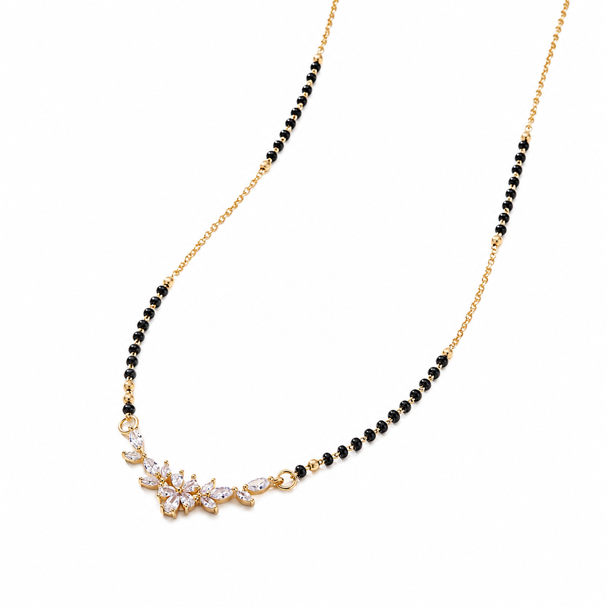 KZ Gold Plated Floral Cluster CZ Mangalsutra for Women Black Bead Chain Marquise Flower Pendant FS