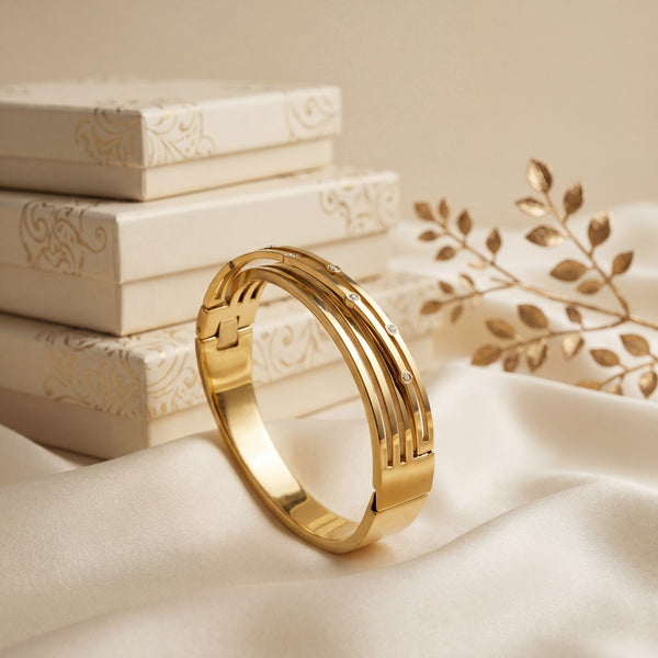 Diagonal Wave Pattern CZ Slim Baby Kada Bangle | Gold Plated Textured Stackable Bracelet for Women