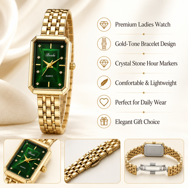 Watches Gold-Tone Rectangular Green Dial Minimal Chain Bracelet Watch for Women