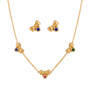 Anti tranish Gold plated 150 No. Minimal Multi Color Bow drop pendant Chain with Studd bow earring for adults - 1 Pc
