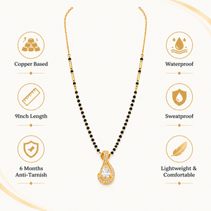 KZ Gold Plated Pear Halo CZ Mangalsutra for Women Black Bead Chain Teardrop Solitaire Pendant FS