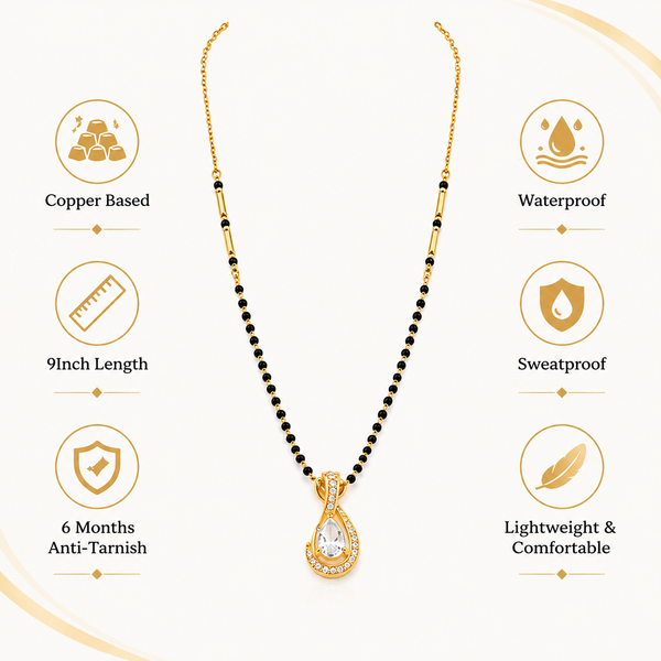 KZ Gold Plated Pear Halo CZ Mangalsutra for Women Black Bead Chain Teardrop Solitaire Pendant FS