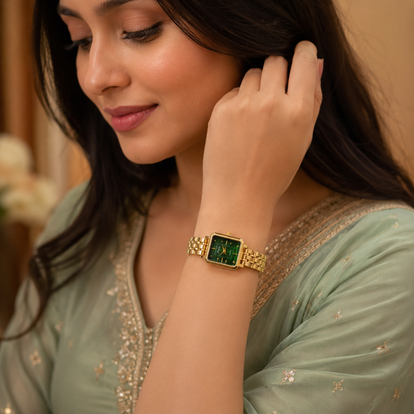 Watches Gold-Tone Rectangular Green Dial Minimal Chain Bracelet Watch for Women