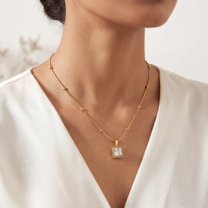 Gold Beaded Chain Rectangular CZ Pendant Anti-Tarnish Necklace