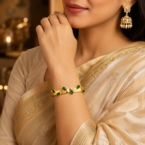 Real Teardrop Pear Emerald Green Stone Gold Oval Kada for Women | Prong Set Gemstone Stainless Steel Ladies Bangle | Premium Stone Festive Jewellery
