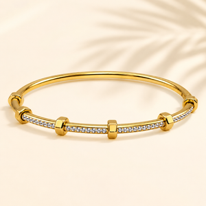 Gold Princess Cut Diamond Panel Oval Kada for Women | Square Stone Stainless Steel Ladies Bangle | Geometric Festive Jewellery