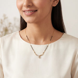 KZ Gold Plated Curved Horn CZ Mangalsutra for Women Black Bead Chain Abstract Wave Pendant FS