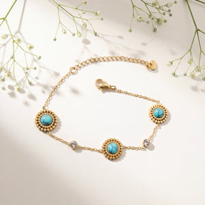 Gold Plated Delicate Chain Bracelet with Turquoise Round Halo Stations and White Stone Accents