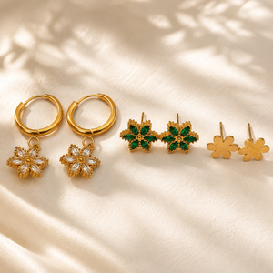Earrings Floral Drop Hoop, Emerald Pave Flower & Gold Floral Stud Earrings Set of 3 Pairs