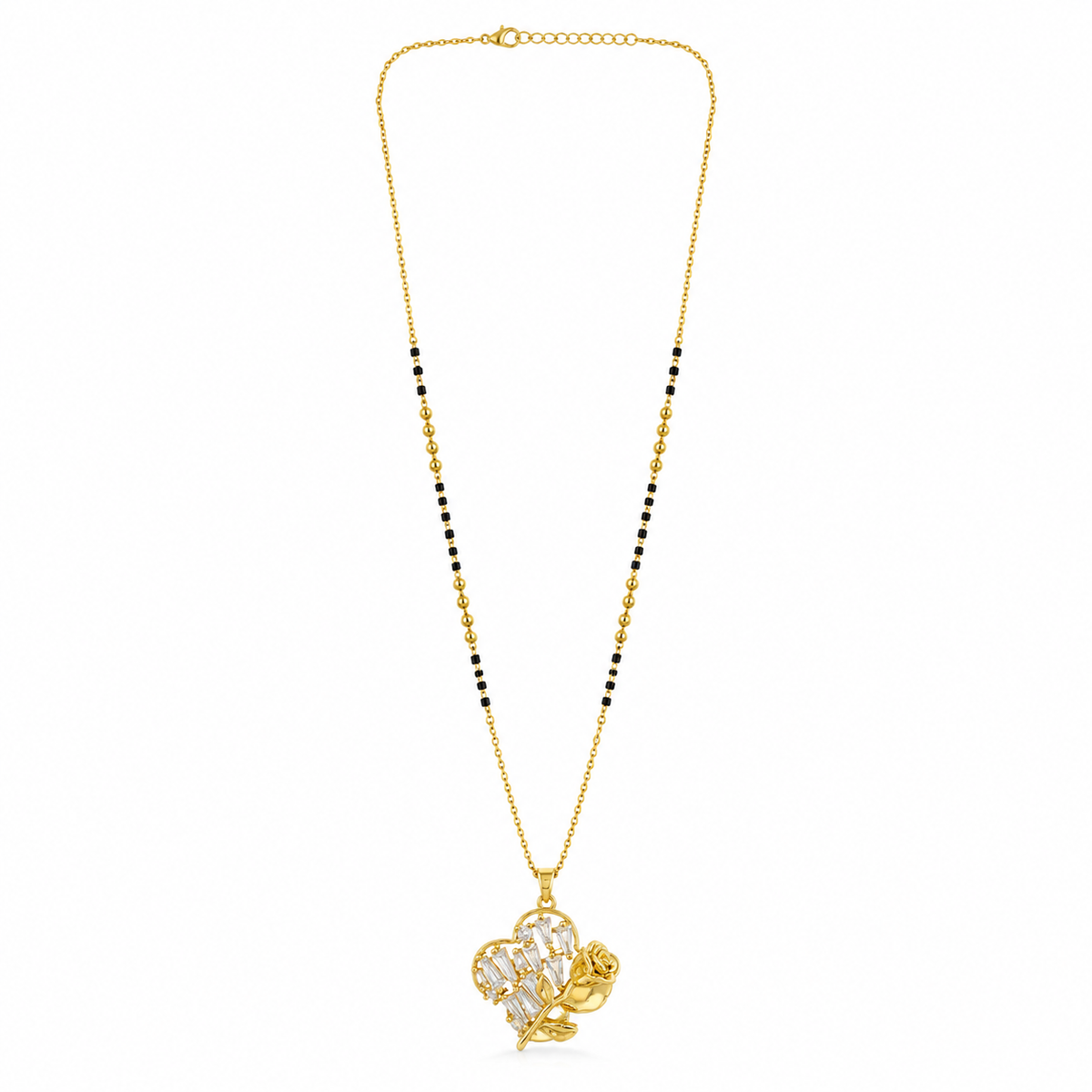 KZ Gold Plated Rose Flower Baguette CZ Mangalsutra for Women Black Bead Chain Floral Charm Pendant FS