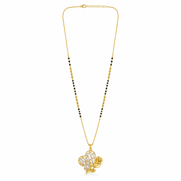 KZ Gold Plated Rose Flower Baguette CZ Mangalsutra for Women Black Bead Chain Floral Charm Pendant FS