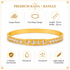 Gold Full Row Large Round Solitaire Diamond Oval Kada for Women | Channel Set Bold Stone Stainless Steel Ladies Bangle | Statement Festive Jewellery