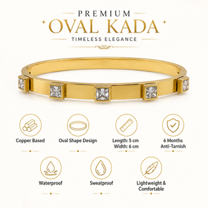 Gold Evenly Spaced Square Solitaire Diamond Oval Kada for Women | Channel Set Single Stone Stainless Steel Ladies Bangle | Premium Festive Jewellery