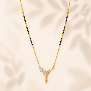 KZ Gold Plated Y Branch CZ Mangalsutra for Women Black Bead Chain Vine Floral Pendant FS