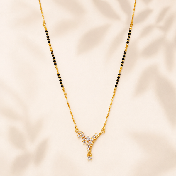 KZ Gold Plated Y Branch CZ Mangalsutra for Women Black Bead Chain Vine Floral Pendant FS