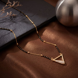 KZ Gold Plated Triangle CZ Mangalsutra for Women Black Bead Chain Geometric Pyramid Pendant FS