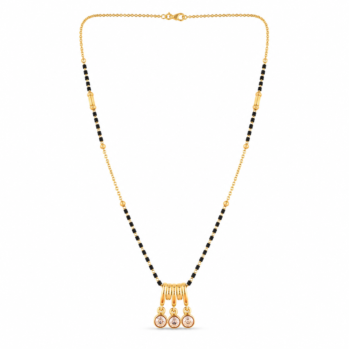 KZ Gold Plated Temple 3 Drop CZ Mangalsutra for Women Black Bead Chain Traditional Bar Pendant FS