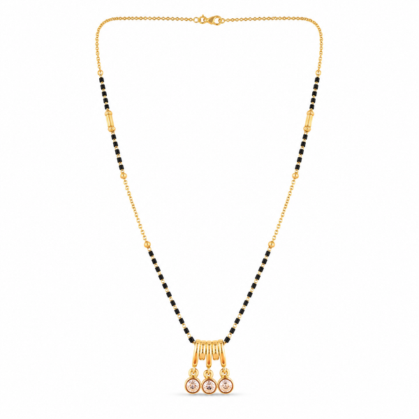 KZ Gold Plated Temple 3 Drop CZ Mangalsutra for Women Black Bead Chain Traditional Bar Pendant FS