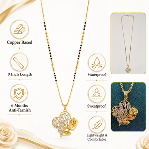 KZ Gold Plated Rose Flower Baguette CZ Mangalsutra for Women Black Bead Chain Floral Charm Pendant FS
