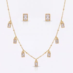 Anti tranish Gold plated 150 No. Minimal Square solitare white pendant with Studd Square earring for adults - 1 Pc