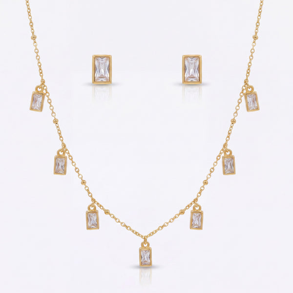 Anti tranish Gold plated 150 No. Minimal Square solitare white pendant with Studd Square earring for adults - 1 Pc