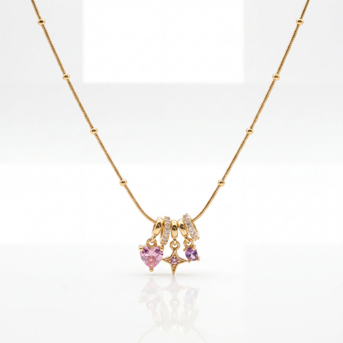 Gold Pink Enamel Heart Charm Pendant Chain Anti-Tarnish Necklace
