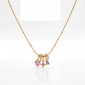 Gold Pink Enamel Heart Charm Pendant Chain Anti-Tarnish Necklace