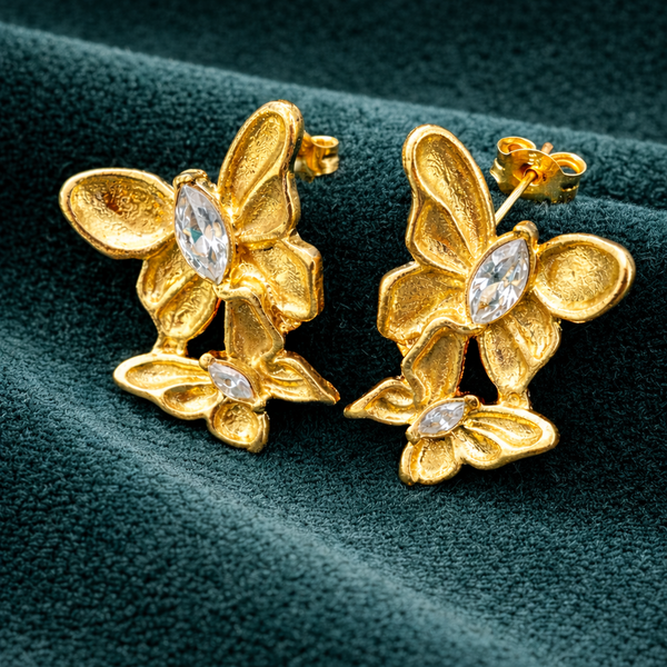 Anti-Tarnish Gold Plated Hanging 2 Butterfly Earrings - 1 Pair