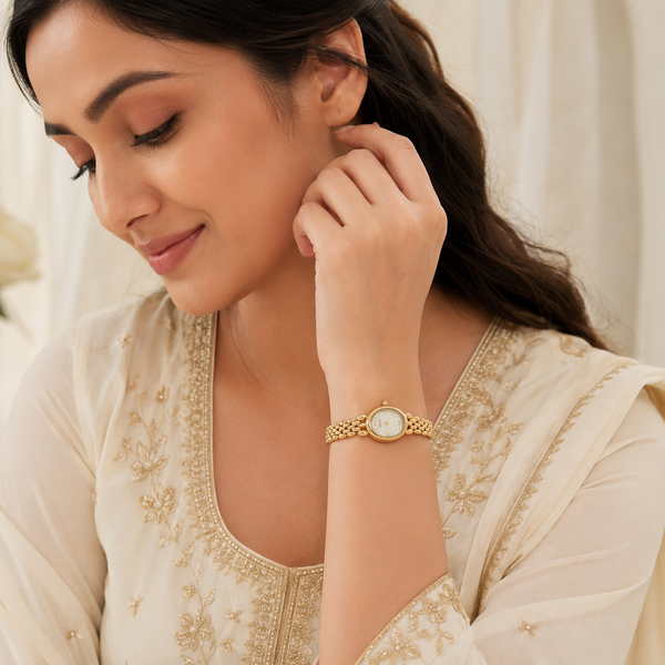 Watches Gold-Tone Oval Dial Double Chain Bracelet Watch for Women