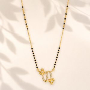 KZ Gold Plated Virgo Script CZ Mangalsutra for Women Black Bead Chain Zodiac Letter Pendant FS