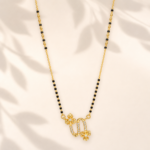 KZ Gold Plated Virgo Script CZ Mangalsutra for Women Black Bead Chain Zodiac Letter Pendant FS