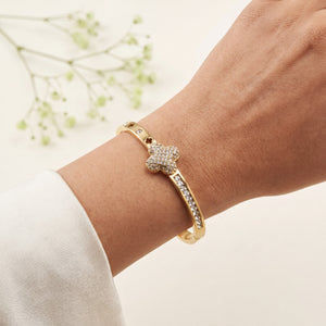 Pave CZ Heart Cluster Centerpiece Baby Kada Bangle | Gold Plated Slim Romantic Bracelet for Women