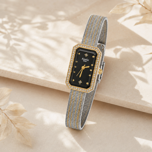 Watches Two-Tone Rectangular Black Dial Crystal Studded Bezel Bracelet Watch for Women