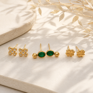 Earrings Gold Floral Cluster, Emerald Oval Drop & Textured Clover Stud Earrings Set of 3 Pairs