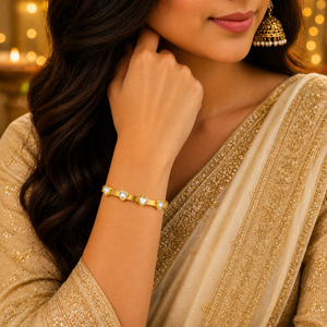 Gold Heart Shape Diamond Oval Kada for Women | Raised Heart Motif Stainless Steel Ladies Bangle | Romantic Festive Jewellery