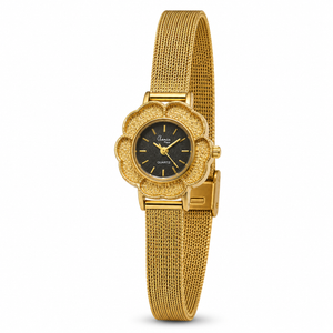 Watches Gold-Tone Flower Dial Black Face Mesh Bracelet Watch for Women