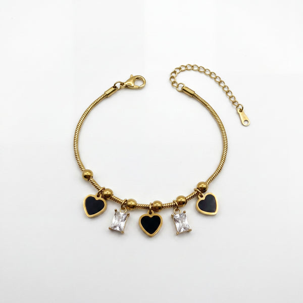 Gold Plated Snake Chain Bracelet with Black Heart and Square Baguette Stone Dangling Charms