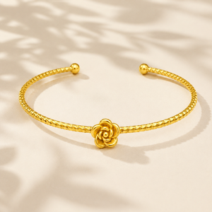 Gold Rose Flower Center Charm Cuff Kada for Women | Beaded Ball End Stainless Steel Ladies Bangle | Floral Festive Wrist Jewellery