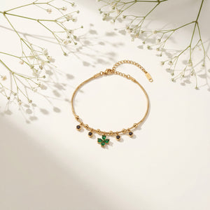 Gold Plated Snake Chain Bracelet with Green Clover and Black Stone Charm Cluster