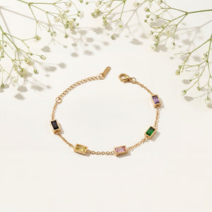 Gold Plated Emerald Cut Multicolor Rectangular Stone Bezel Station Chain Bracelet with Lobster Clasp