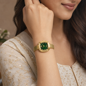 Watches Gold-Tone Cushion Shape Green Dial Crystal Hour Markers Bracelet Watch for Women