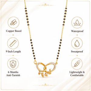 KZ Gold Plated Linked Rings Vine CZ Mangalsutra for Women Black Bead Chain Double Circle Pendant FS