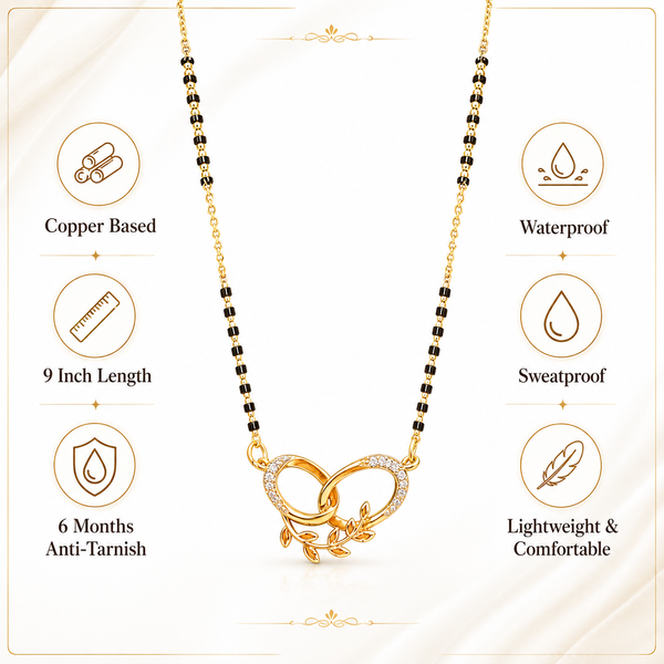 KZ Gold Plated Linked Rings Vine CZ Mangalsutra for Women Black Bead Chain Double Circle Pendant FS